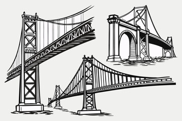 Fototapeta premium Vector Engineering Bridge Illustration – Architectural Sketch of Historic and Modern Bridges.