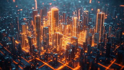 A futuristic neon cityscape glowing with orange holographic skyscrapers and blue illuminated streets, smart cities, technology, connectivity, modern innovation, artificial intelligence, and progress. - Powered by Adobe