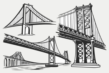 Vector Engineering Bridge Illustration &ndash; Architectural Sketch of Historic and Modern Bridges.