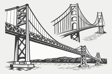 Vector Engineering Bridge Illustration – Architectural Sketch of Historic and Modern Bridges.