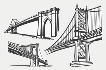 Vector Engineering Bridge Illustration – Architectural Sketch of Historic and Modern Bridges.