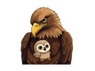 Majestic eagle with its adorable owl chick nestled safely