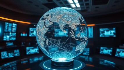 A futuristic rotating and glowing digital globe representing a global communications network with data streams and connections in a dark room with screens displaying various information. 4k video - Powered by Adobe