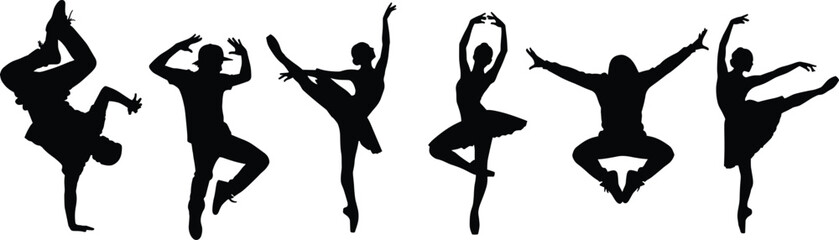 Dance silhouette collection, black dancer poses, ballet and contemporary movement, isolated white background, expressive choreography, artistic motion, elegant form