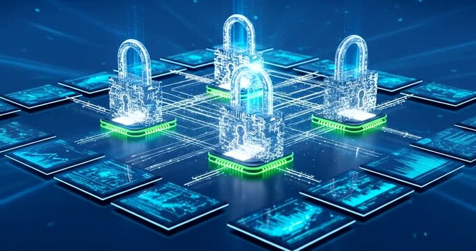 Digital network security with glowing locks and data layers in a tech landscape