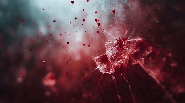 Abstract imagery of shattered glass splattered with blood conveying intense danger impact and a sense of crisis