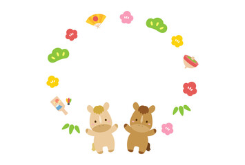 Obraz premium 午年の年賀状、馬と松竹梅のフレーム、2026 年賀状テンプレート