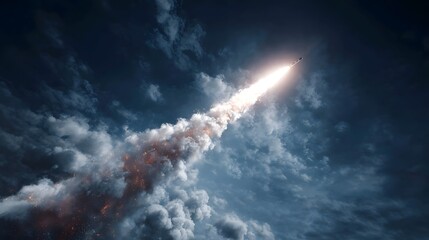 A powerful rocket ignites and ascends dramatically into the dark cloudy atmosphere leaving a brilliant fiery exhaust trail glowing intensely against