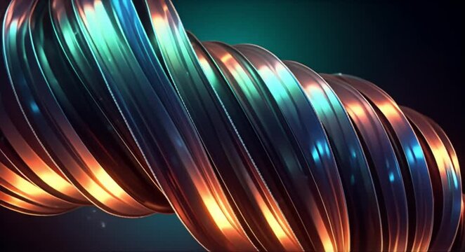 Abstract metallic ribbon twisting with vibrant warm and cool light reflections, evoking energy and motion.