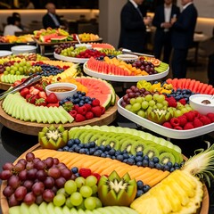 Obraz premium Elaborate fresh fruit platters at a catered corporate event buffet.
