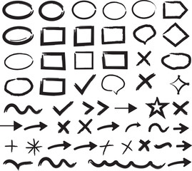 Collection of hand drawn sketchy geometric shapes and symbols on white background