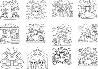 Obraz premium Collection of Cute Cartoon Mushrooms and Nature Scenes for Coloring Pages Keywords: mushroom, fungi, nature, forest, cute, cartoon, drawing, illustration, outline, coloring, page, book, whimsical