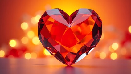 Sparkling red gemstone heart with bokeh lights background