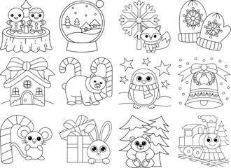 Fototapeta premium Cute Christmas Characters and Objects for Coloring Pages Including Gingerbread Men, Animals, and Gifts Keywords: christmas, holiday, winter, festive, celebration, xmas, season, greeting, card