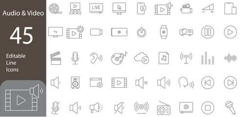 Audio and Video Editable Icons set. Personal Stereo, Movie, Camera, Play Button and more. Vector illustration on transparent background.