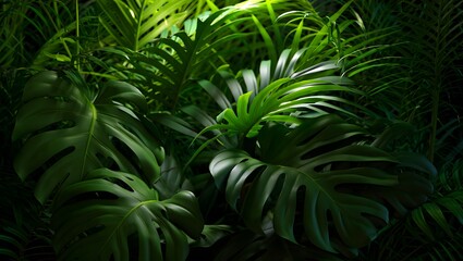 Lush green tropical foliage with monstera leaves and palm fronds