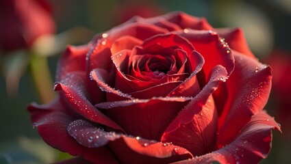 Close up of a deep red rose with dew drops in soft morning light