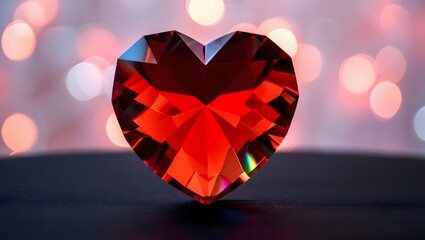 Sparkling heart shaped red gemstone with bokeh background