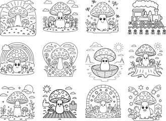 Twelve whimsical black and white illustrations of cute anthropomorphic mushrooms in various scenes Keywords: mushroom, toadstool, fungi, cute, cartoon, anthropomorphic, happy, smiling, face, eyes