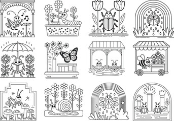 Whimsical Insects and Garden Creatures in Outline Style for Coloring butterfly ladybug © KDP Coloring Pages