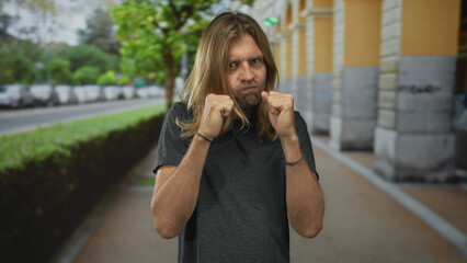 Blond man with long hair and clenched fists standing ready to punch on a street sidewalk beside a...