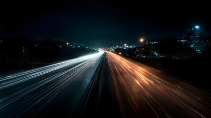 Obraz premium Night highway with car light trails captured using long exposure photography showcasing dynamic urban traffic flow and speed