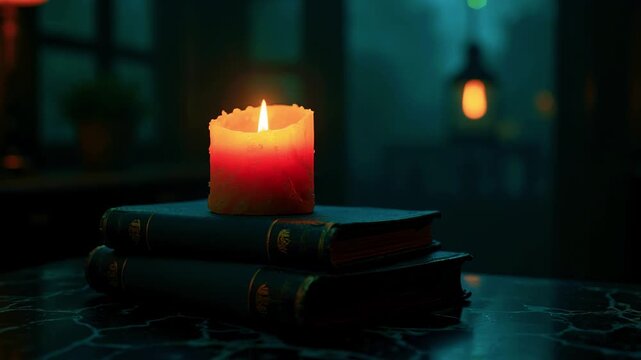 A lit candle atop aged books glows softly over a dark, marble table, creating intimate mood tonight