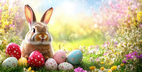 Adorable Easter Bunny Amidst Colorful Eggs and Flowers
