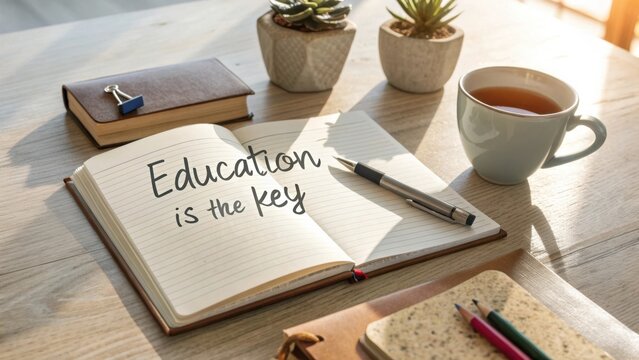 Open notebook with handwritten education quote and cup of tea on wooden table surrounded by plants and stationery