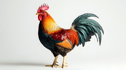Vibrant rooster standing proudly against a clean white background, showcasing its colorful plumage.