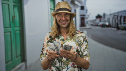 Blond man with long hair and straw hat wearing floral shirt smiling and counting dollars under...