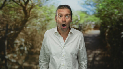 Blond man with long hair and beard standing with mouth open under dappled sunlight in forest;...