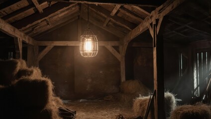 Warm Lantern Glow Illuminates Rustic Old Wooden Barn Interior.