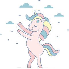 A cartoon unicorn is dancing happily in the sky with clouds in the background.