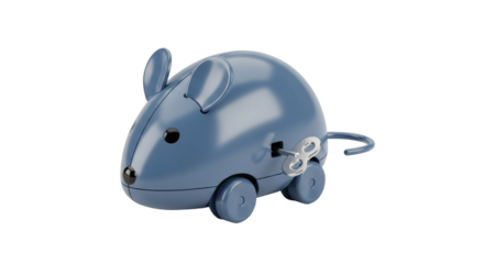 Isolated mechanical mouse toy, wind-up toy animal on two wheels, retro style toy mouse