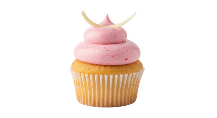 Isolated Vanilla cupcake with pink frosting and white chocolate garnish for celebration
