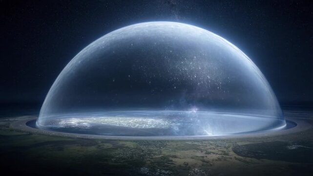 A massive glass-like dome over a flat Earth under twilight, blending realism and mystery with cosmic stars and sweeping cinematic motion