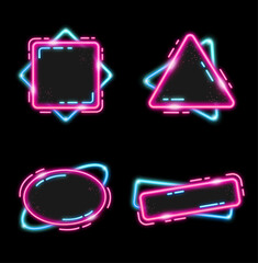 Modern Glowing Neon Geometric Frame with Ornamental Shapes Decoration,  modern neon frame with a square shape and ornamental decoration, featuring a bright glowing effect in shades of pink and blue. 