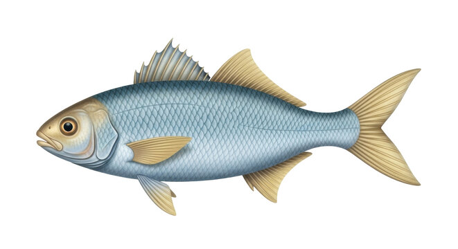 Isolated Blueback Herring, an American Shad Fish with Golden Fins on Plain Background