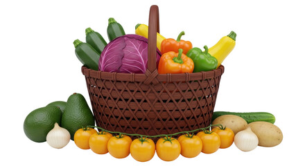 Isolated basket of fresh assorted fruits and vegetables still life concept closeup