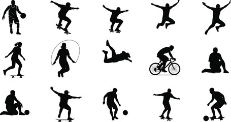 Silhouettes of active people, sports poses, skateboarding, cycling, soccer, jumping, dancing, fitness, outdoor movement, black vector icons, energetic lifestyle