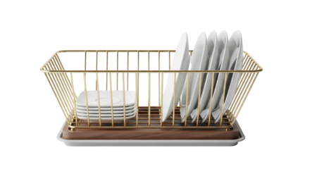 Isolated gold dish rack holds plates and saucers on wood base, simple kitchen organizing