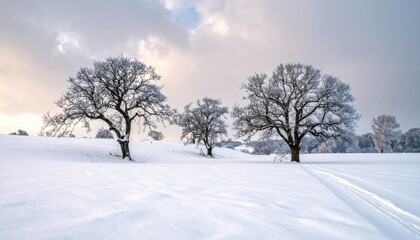 Fototapeta premium Winter Landscape with Snow Covered Trees on Rolling Hills under a Cloudy Sky in Cold Morning Light