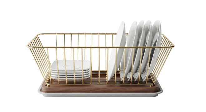 Isolated gold dish rack holds plates and saucers on wood base, simple kitchen organizing