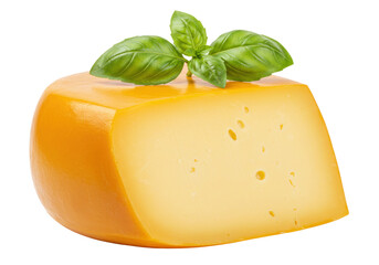 Wedge of gouda cheese isolated on transparent background, delicious dairy product with basil leaves for gourmet food concepts