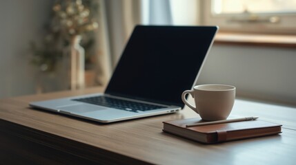 Fototapeta premium Laptop and coffee cup on a wooden desk with notebook and pen in a bright indoor setting near window