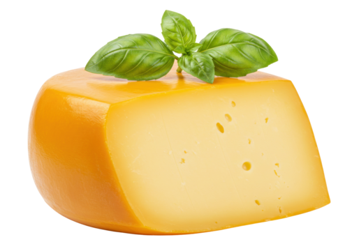 Wedge of gouda cheese isolated on transparent background, delicious dairy product with basil leaves for gourmet food concepts