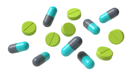 Isolated assorted pills and capsules for healthcare, medical treatment and pharmaceuticals