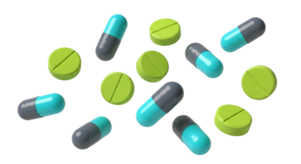 Isolated assorted pills and capsules for healthcare, medical treatment and pharmaceuticals