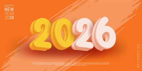 Happy New Year 2026 logo template with 3D cartoon style numbers. Greeting concept for New Year celebrations